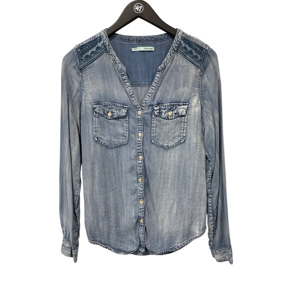 Maurices Chambray Shirt Size Small Button Front Long Sleeve Blue Denim Classic - Picture 1 of 7
